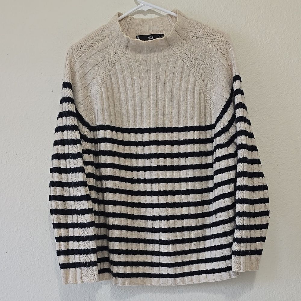 MANGO Cream‎ and Blue Crewneck CASHMERE Sweater with Nautical Stripes M